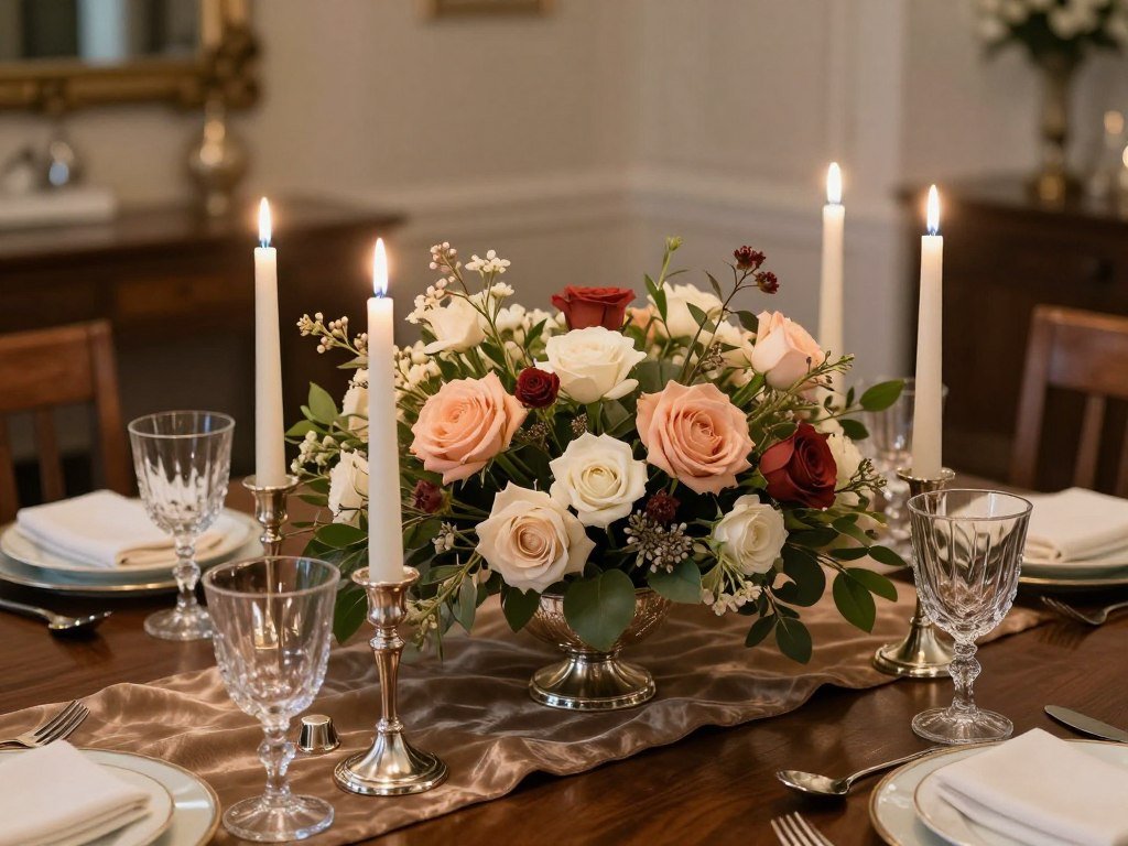 Seasonal formal dining table centerpiece with candles, flowers, and coordinated table linens