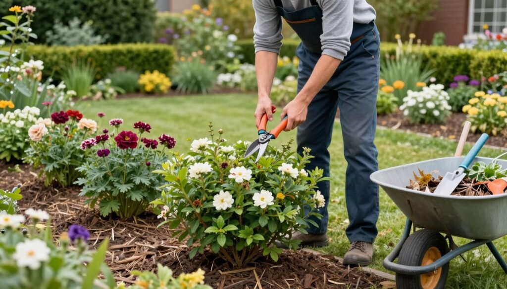 Seasonal garden maintenance with gardener pruning shrubs in a well-maintained landscape