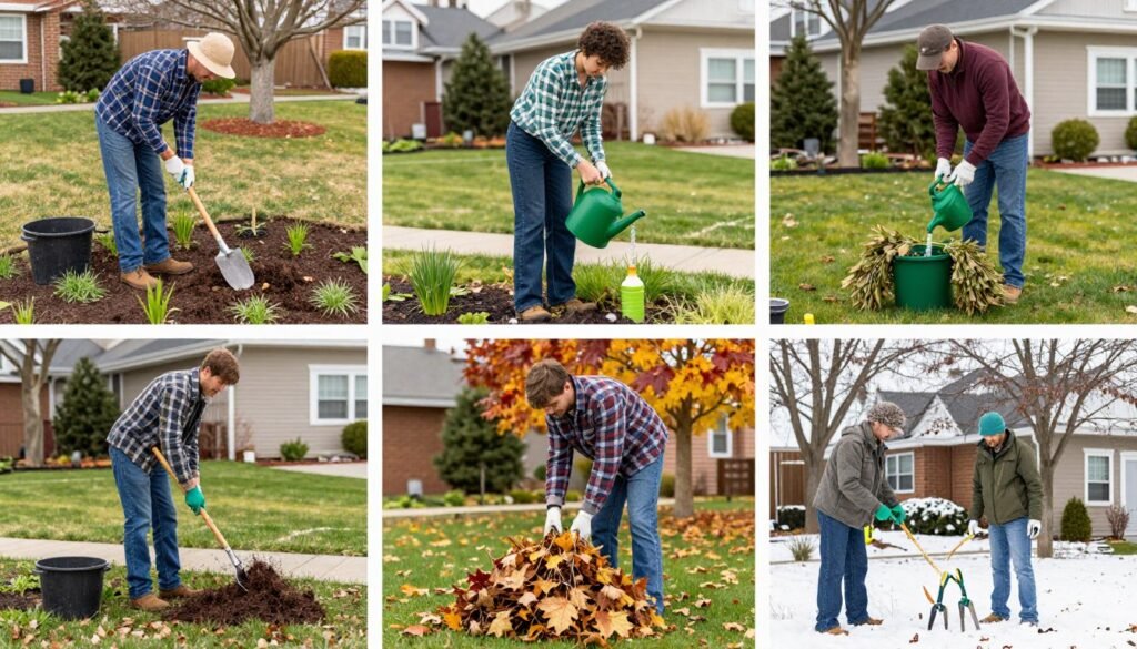 Seasonal maintenance activities in a front yard landscape Seasonal maintenance activities in a front yard landscape