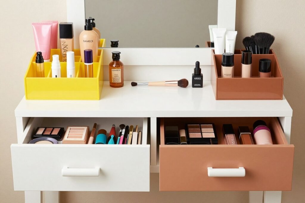 Seasonal makeup organization system with current products displayed and others stored Seasonal makeup organization system with current products displayed and others stored