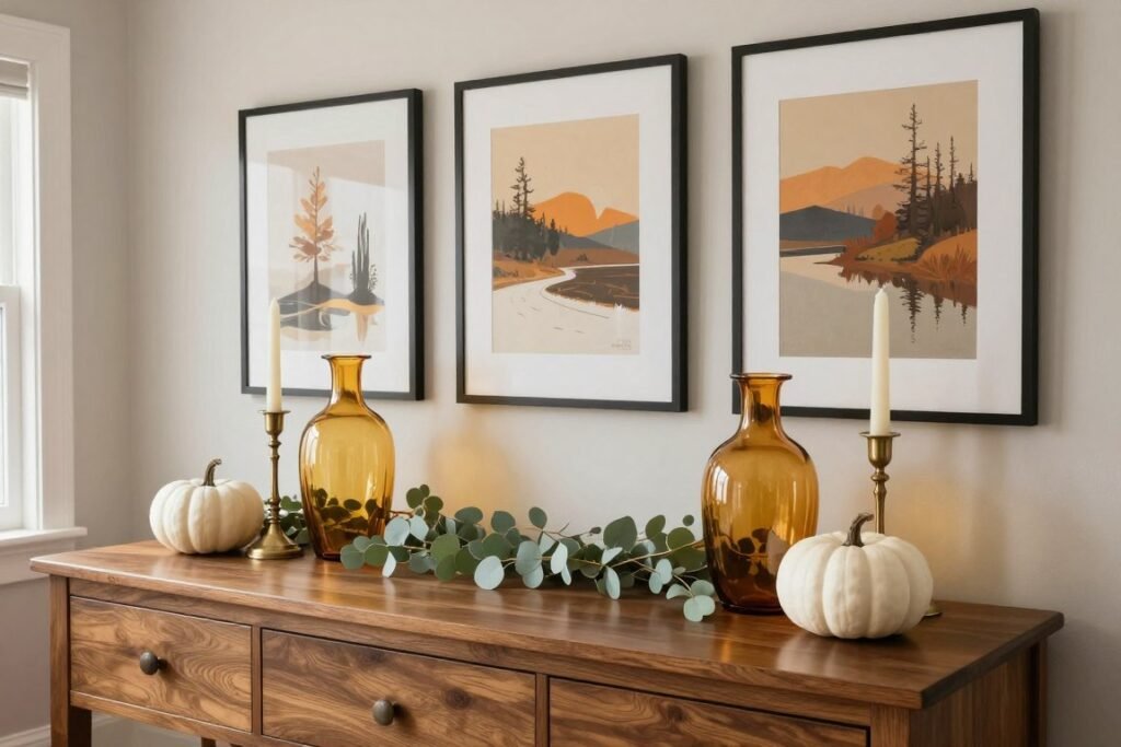 Seasonal styling of a built in buffet dining room with fall-themed decor and warm colors