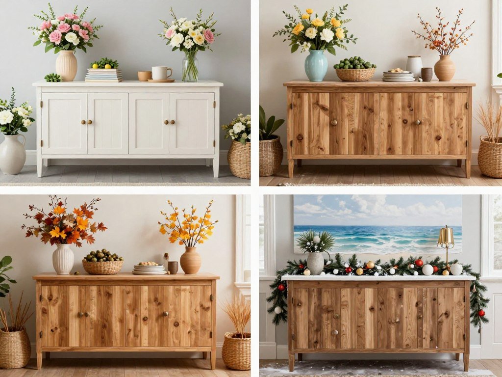 Seasonal styling of dining room cabinets built in buffet for different occasions