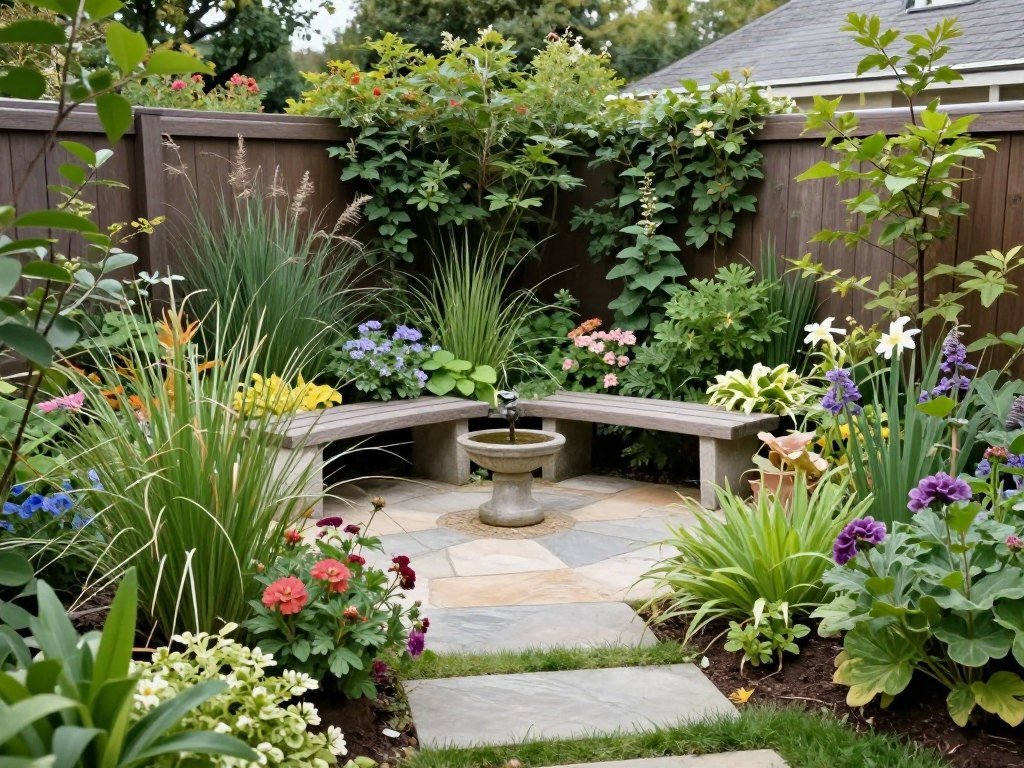 Secluded garden retreat with bench seating surrounded by lush plantings and privacy screens Secluded garden retreat with bench seating surrounded by lush plantings and privacy screens