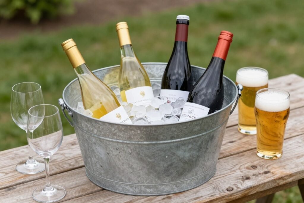 Selection of wine bottles and craft beers in an ice bucket on an outdoor serving table