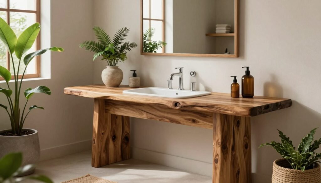 Serene vanity space incorporating natural materials, plants, and organic textures