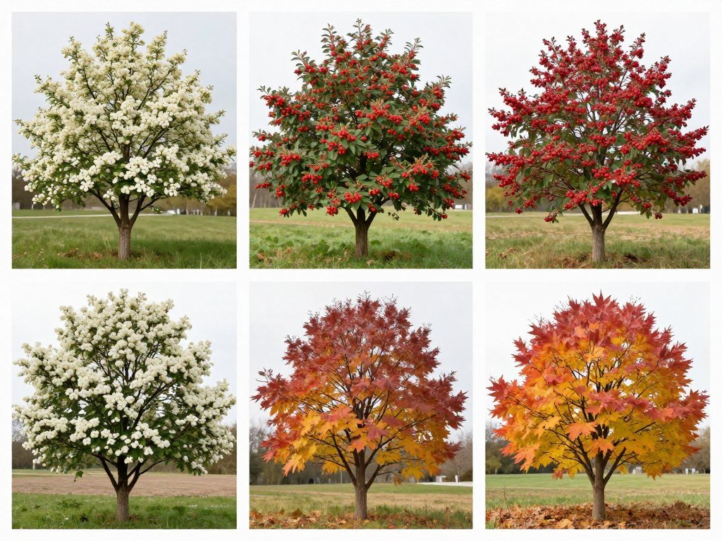 Serviceberry tree showing seasonal changes from spring flowers to fall color