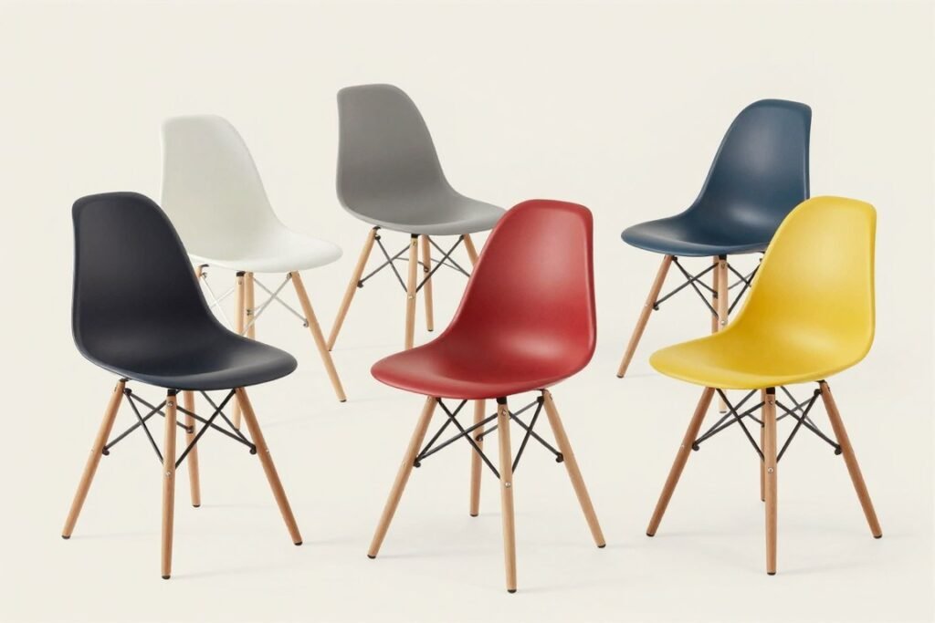 Set of molded plastic dining chairs with wooden dowel legs