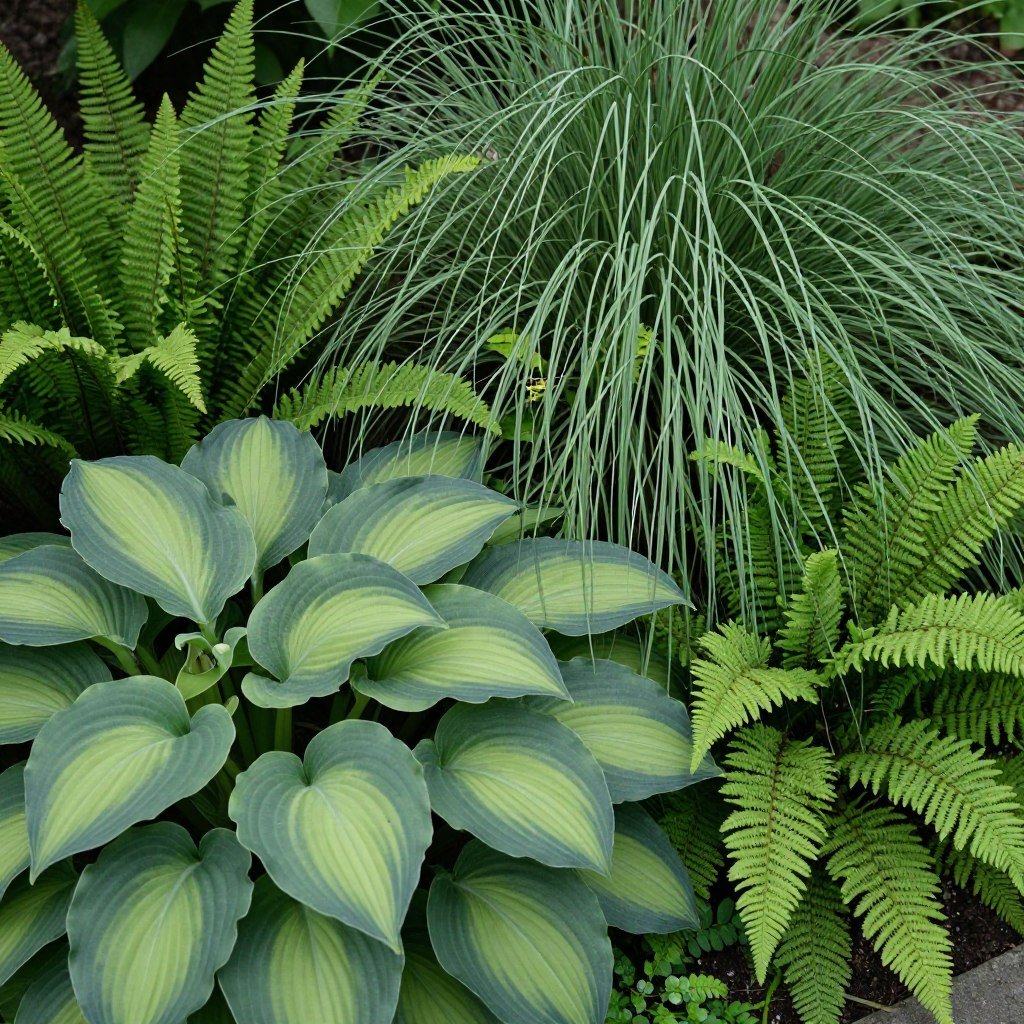 Shade garden featuring hostas, ferns, and Japanese forest grass creating a lush, textural display Shade garden featuring hostas, ferns, and Japanese forest grass creating a lush, textural display