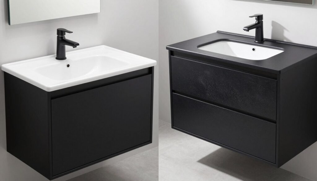 Side-by-side comparison of a clean black bathroom vanity and one showing water spots Side-by-side comparison of a clean black bathroom vanity and one showing water spots