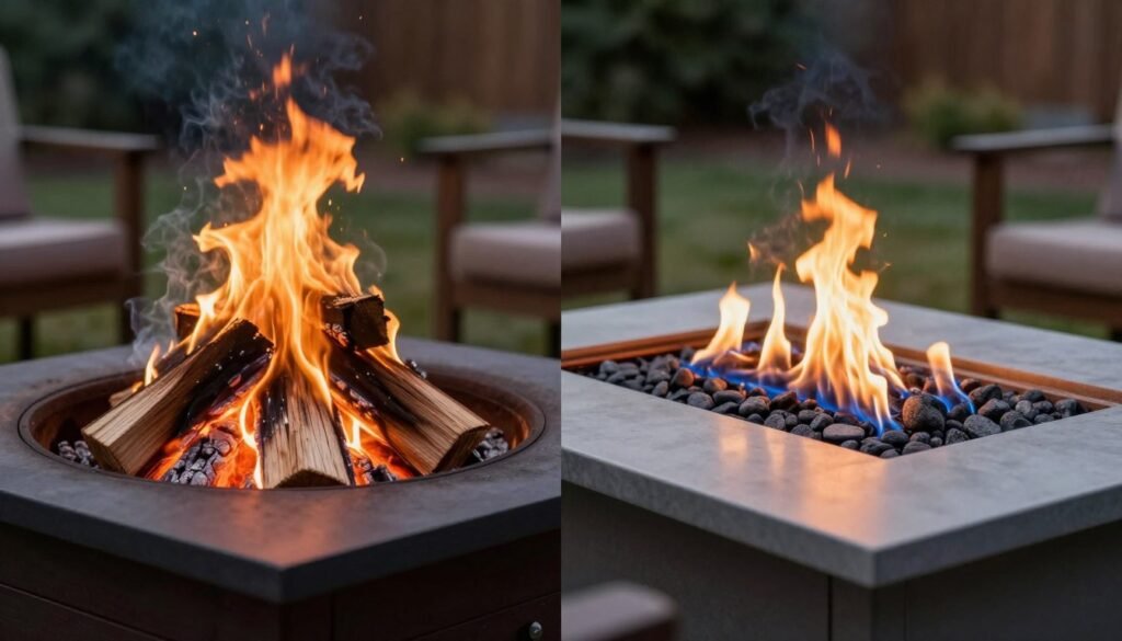 Side-by-side comparison of wood-burning and gas fire pits showing the different flame characteristics and setups