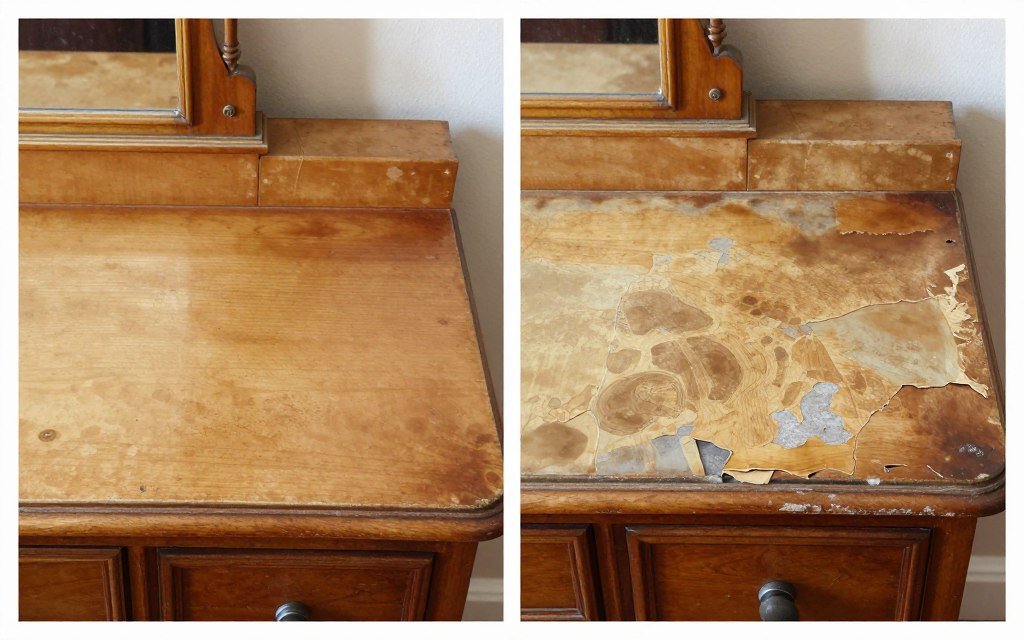 Side-by-side comparison showing the difference between desirable patina and problematic water damage on antique vanities