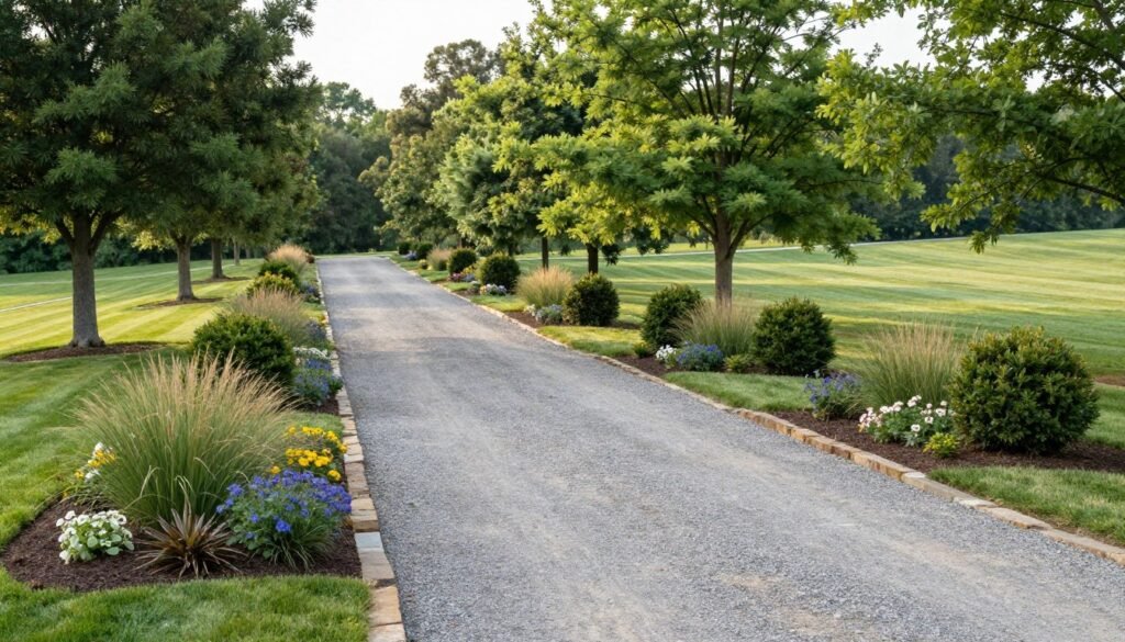 Side of driveway landscaping for a long rural driveway with varied plantings and rhythm