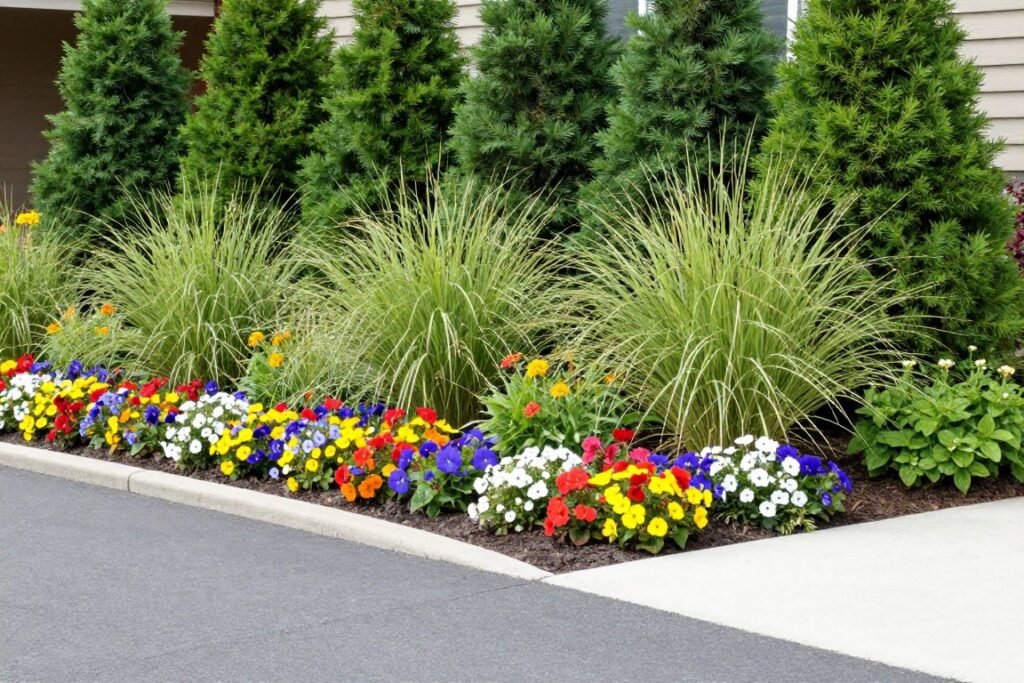 Side of driveway landscaping showing principles of layering plants with taller shrubs in back and flowers in front