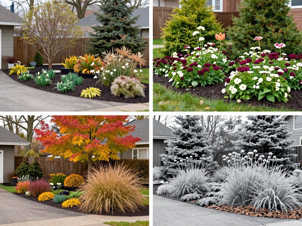Side of driveway landscaping showing the same area in different seasons with year-round appeal
