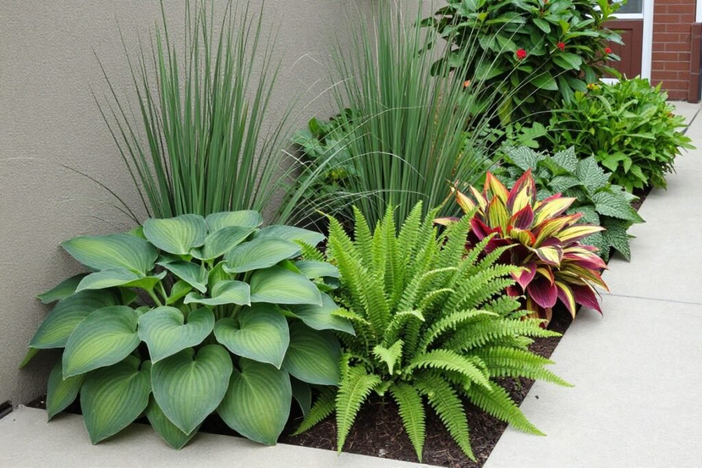 Side yard garden showing contrast of plant textures and colors Side yard garden showing contrast of plant textures and colors