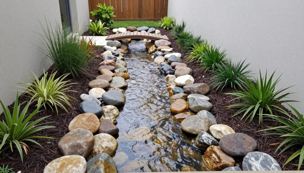 Side yard with dry creek bed for water management Side yard with dry creek bed for water management