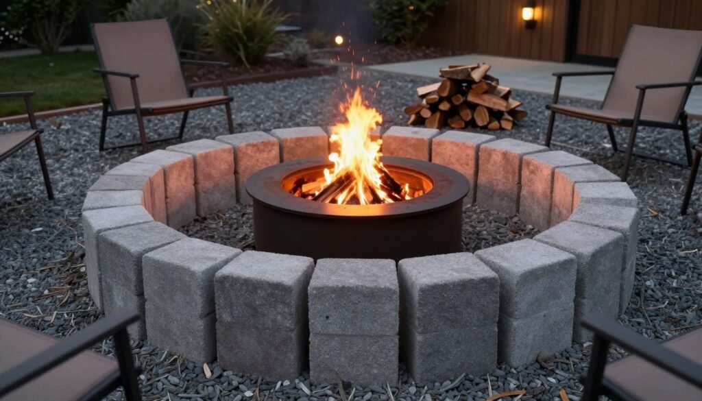 Simple DIY fire pit made from landscape blocks with seating around it Simple DIY fire pit made from landscape blocks with seating around it