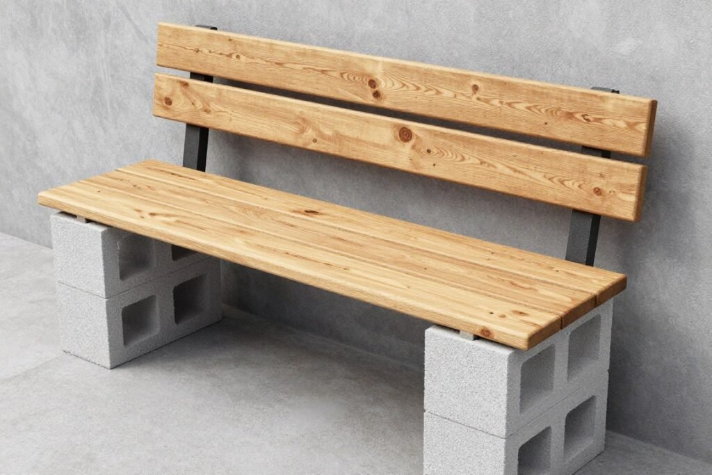 Simple DIY outdoor bench made from cinder blocks and wood planks in a backyard setting