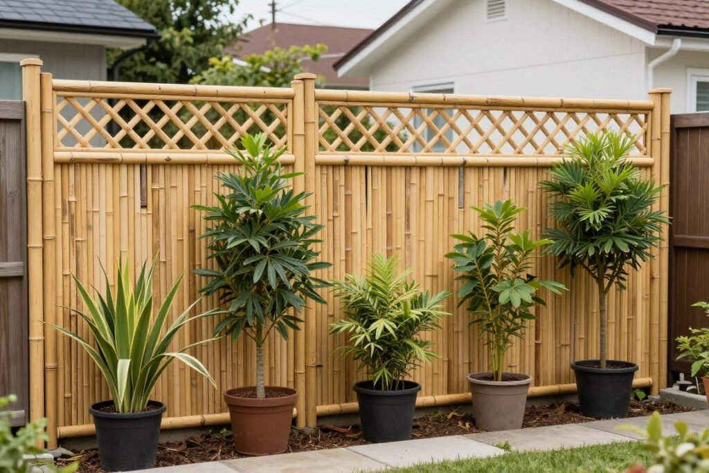 Simple backyard privacy screen created with bamboo fencing and potted plants