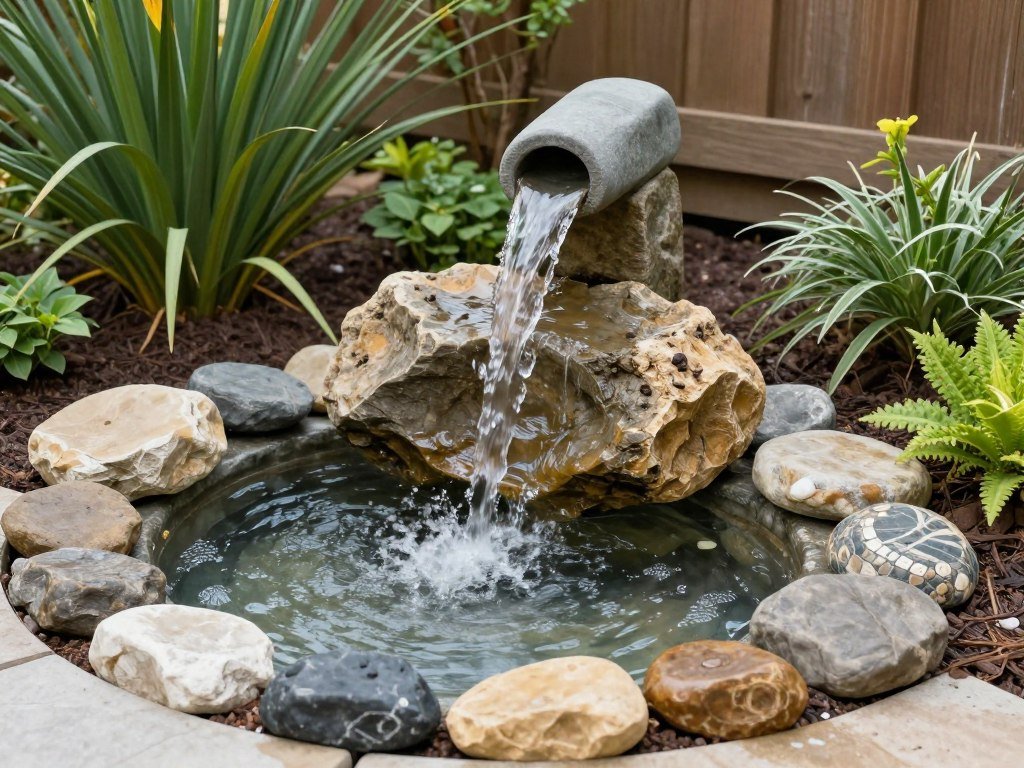 Simple backyard water feature with a small fountain surrounded by plants and rocks