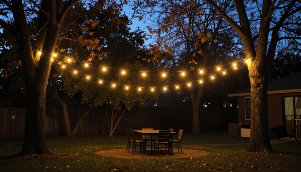 Simple backyard with string lights hanging between trees creating a warm, inviting atmosphere at dusk