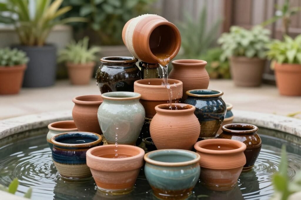 Simple container fountain made from ceramic pots
