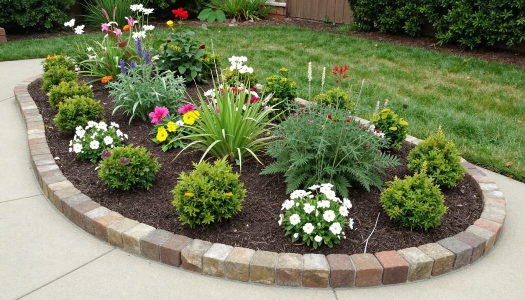 Simple curved garden border with flowers and small shrubs edged with stones in a backyard