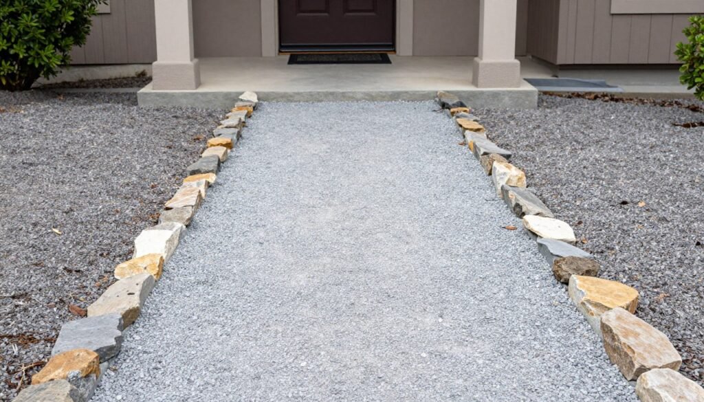 Simple gravel walkway with stone border leading to front door
