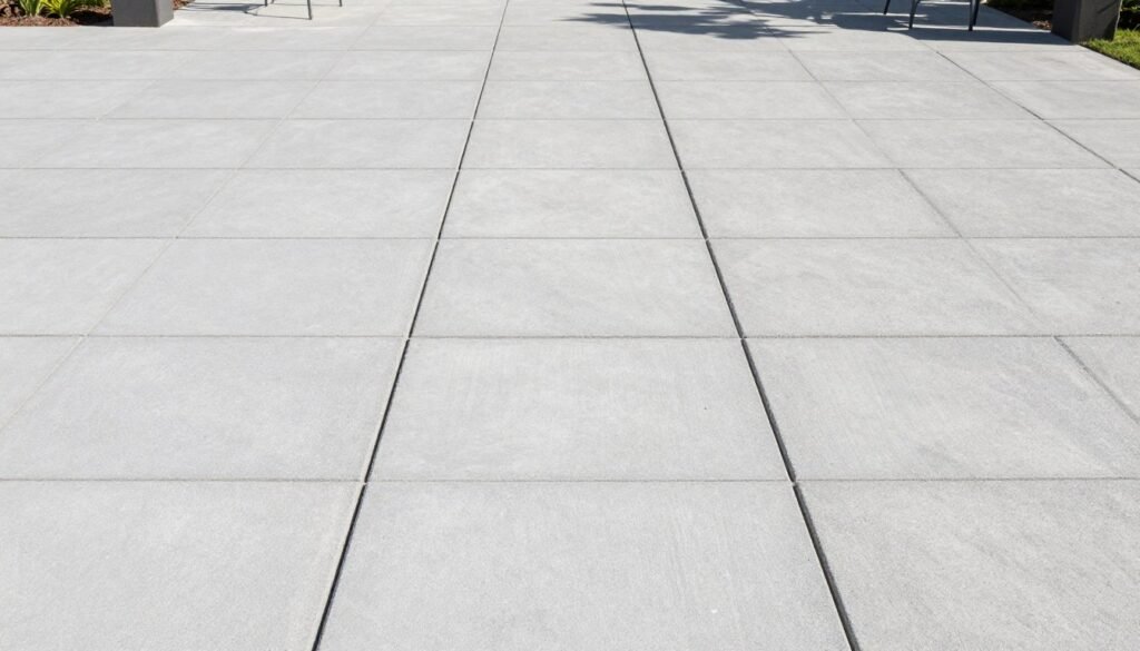 Simple grid pattern concrete paver patio with outdoor furniture