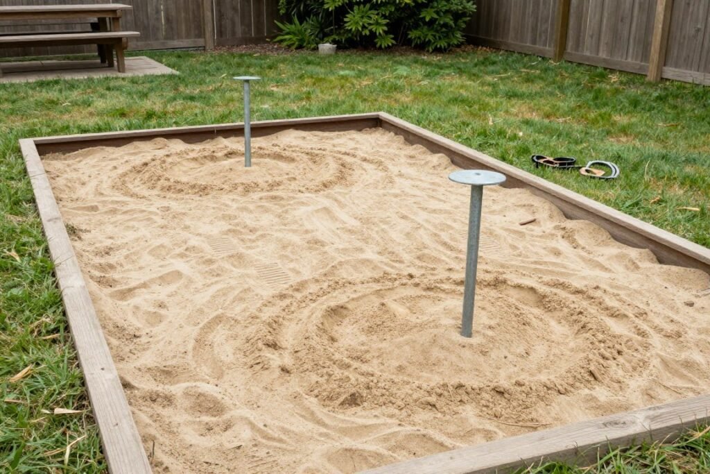 Simple horseshoe pit with wooden frame in backyard