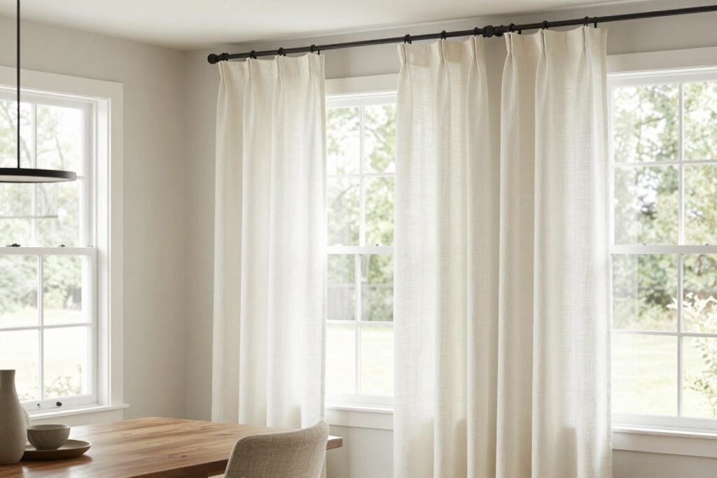 Simple linen curtains framing windows in a modern farmhouse dining room Simple linen curtains framing windows in a modern farmhouse dining room
