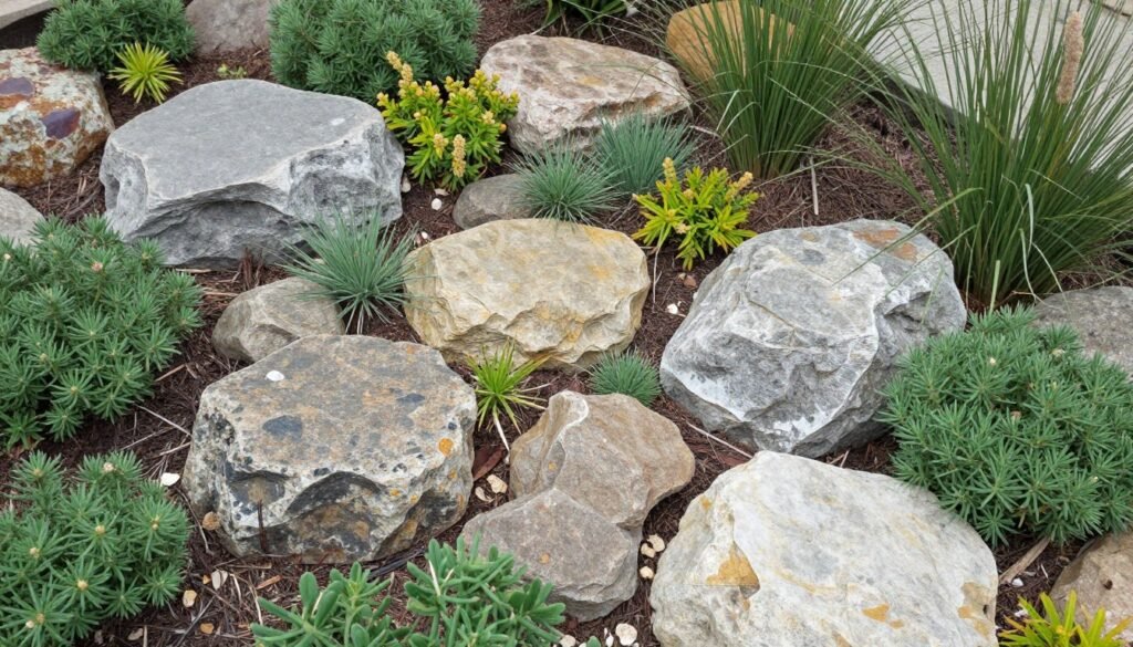 Simple rock garden with drought-tolerant plants as a cheap landscaping idea