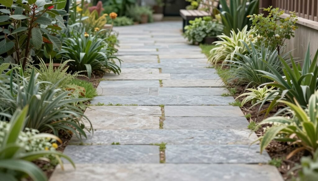 Simple stone pathway winding through a backyard garden with plants lining the edges