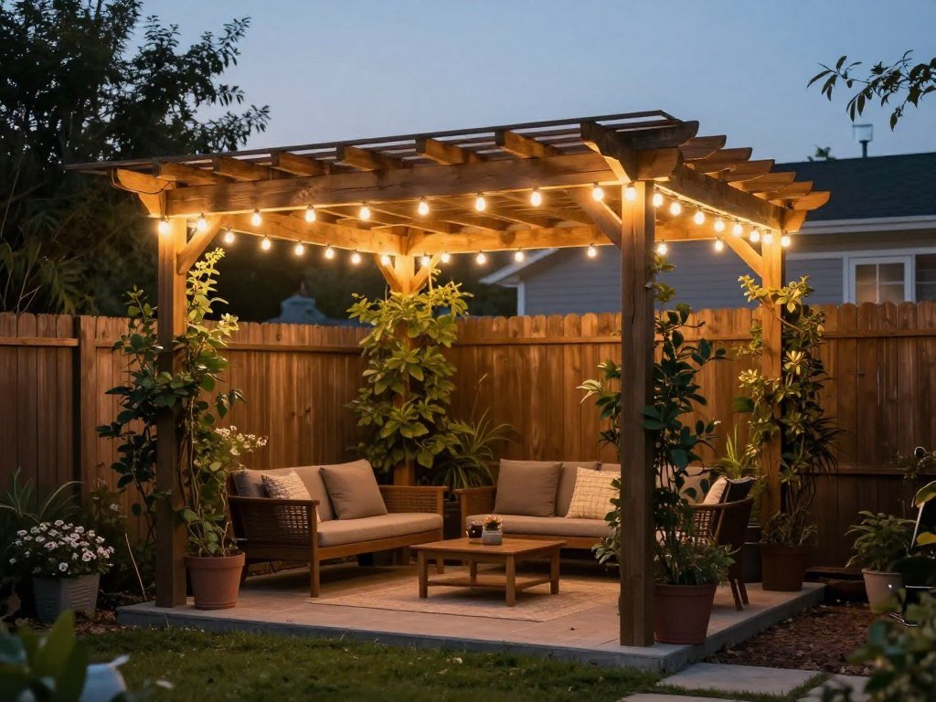 Simple wooden pergola with string lights and climbing plants