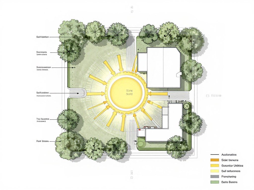 Site analysis diagram showing sun patterns, existing features, and soil conditions Site analysis diagram showing sun patterns, existing features, and soil conditions