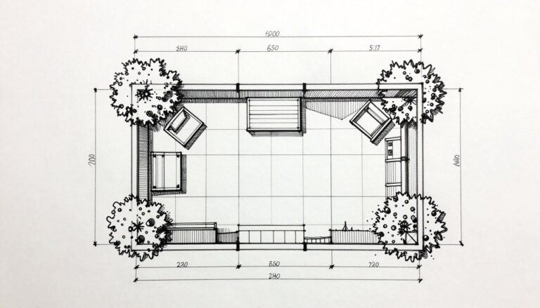 Sketch of a DIY patio design with measurements and material notes