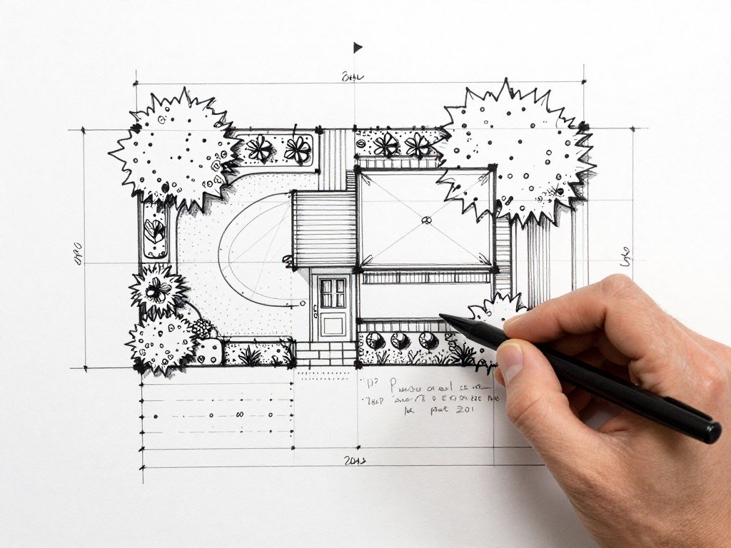 Sketch of front yard landscaping design layout with measurements and plant placements