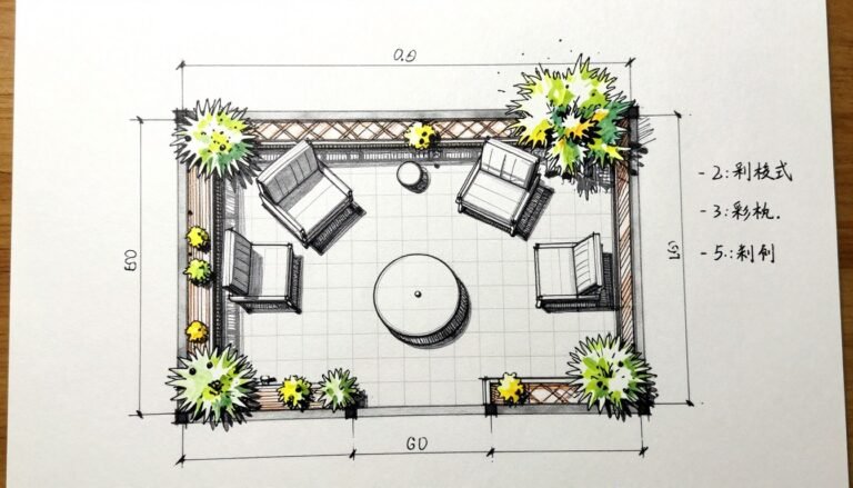 Sketch of patio design plan with measurements and furniture layout for budget planning