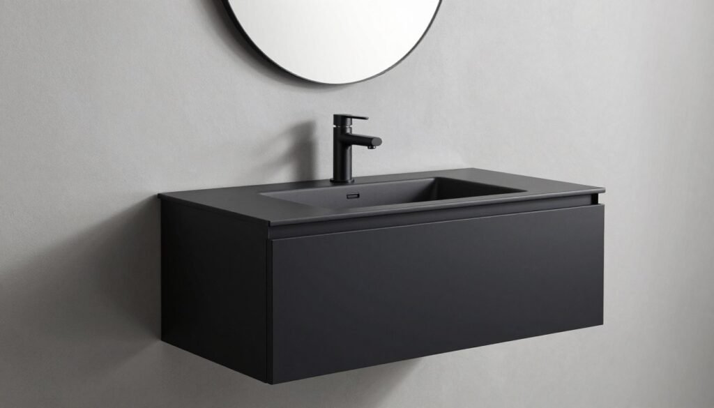 Sleek black bathroom vanity with minimalist design in contemporary bathroom Sleek black bathroom vanity with minimalist design in contemporary bathroom
