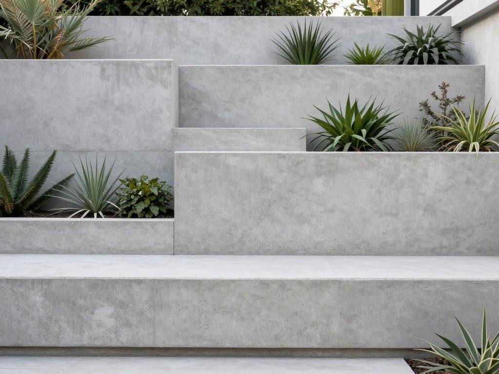 Sleek concrete retaining walls creating level changes in a modern backyard landscape design
