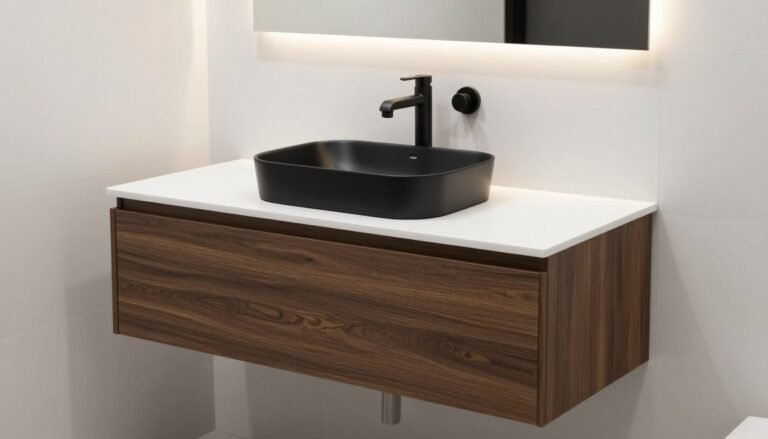 Sleek floating bathroom vanity with matte black hardware and vessel sink against a white tiled wall