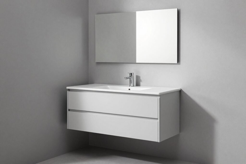 Sleek floating corner vanity with clean lines and minimal hardware in a contemporary bathroom