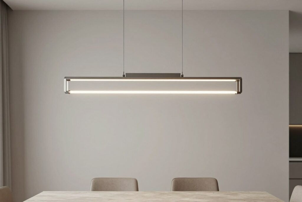 Sleek, geometric pendant light hanging over a minimalist dining table in a contemporary space