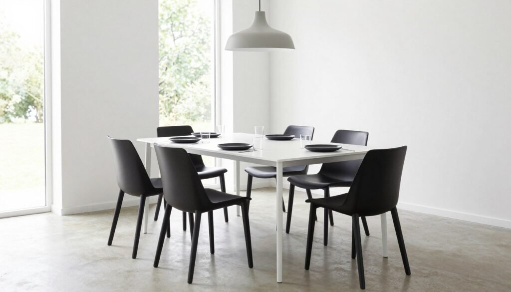 Sleek modern dining set with clean lines, black chairs, and a white table in a minimalist space