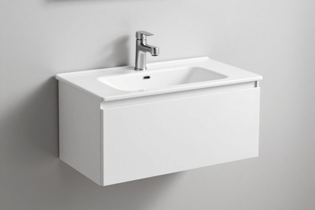 Sleek modern white vanity with clean lines and minimal hardware