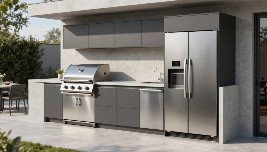 Sleek outdoor kitchen with clean lines and minimal design in a modern backyard landscape