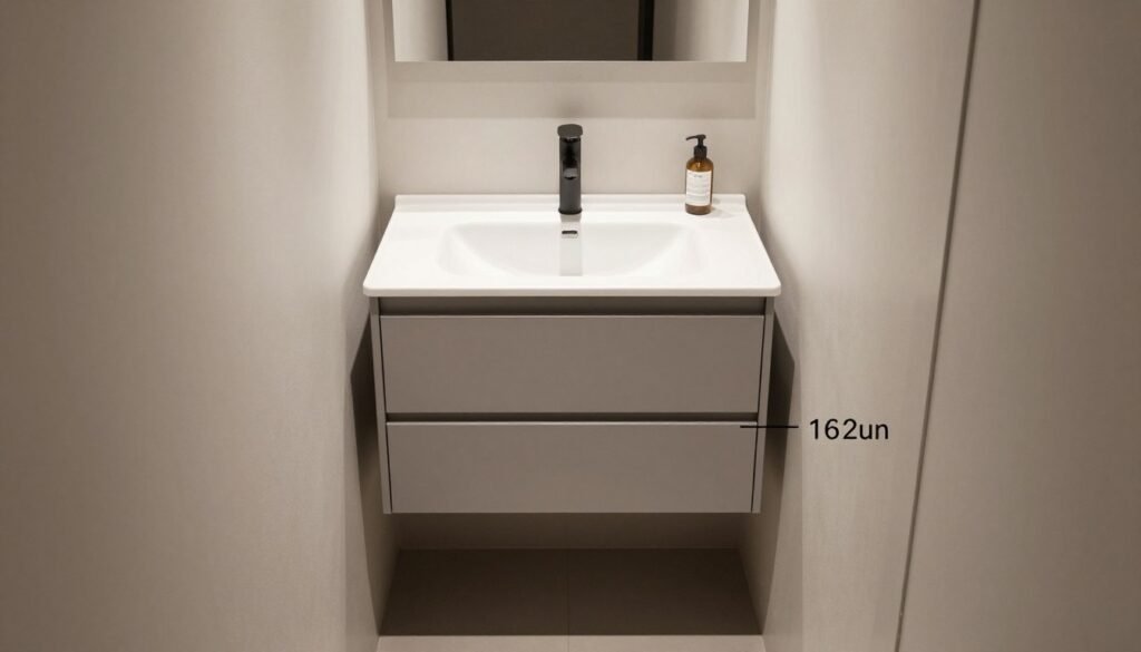 Slim profile bathroom vanity with reduced depth to save floor space in narrow bathroom