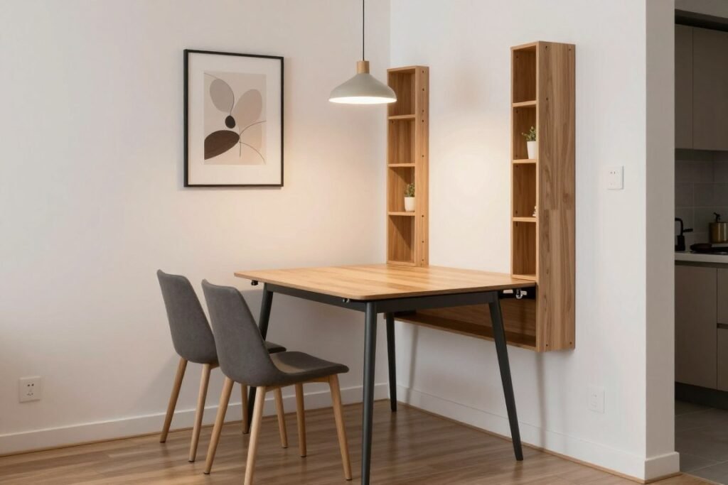 Small apartment dining area with wall-mounted table, slim chairs, and vertical storage