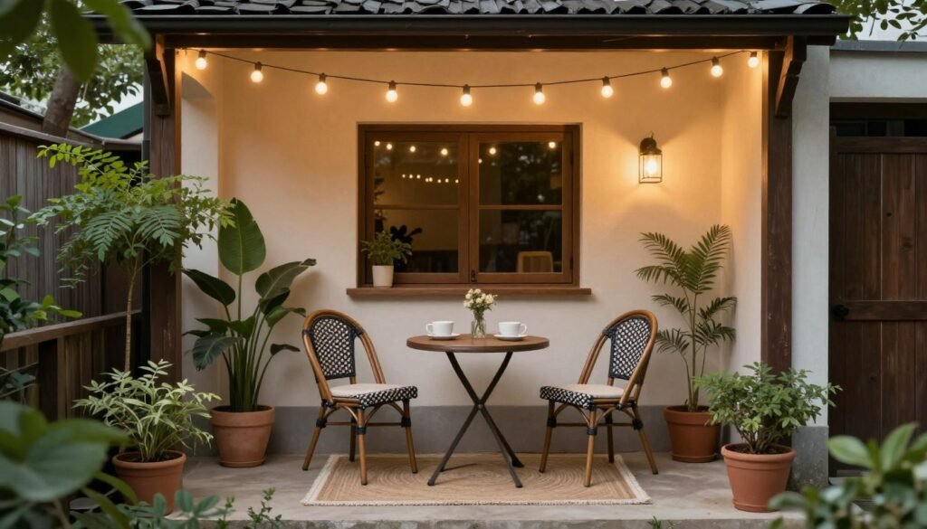 Small back patio with bistro set, string lights, and potted plants creating a cozy dining space Small back patio with bistro set, string lights, and potted plants creating a cozy dining space