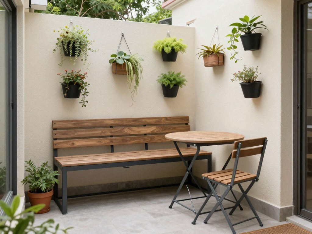 Small back patio with space-saving furniture, vertical gardening, and multi-functional elements Small back patio with space-saving furniture, vertical gardening, and multi-functional elements
